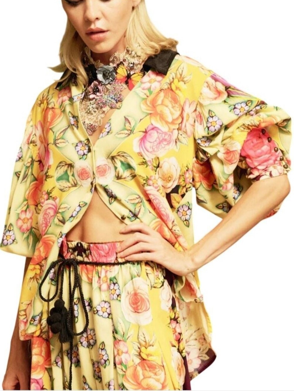 Aratta Venera Floral Top Golden Night Blouse Yellow Medium New